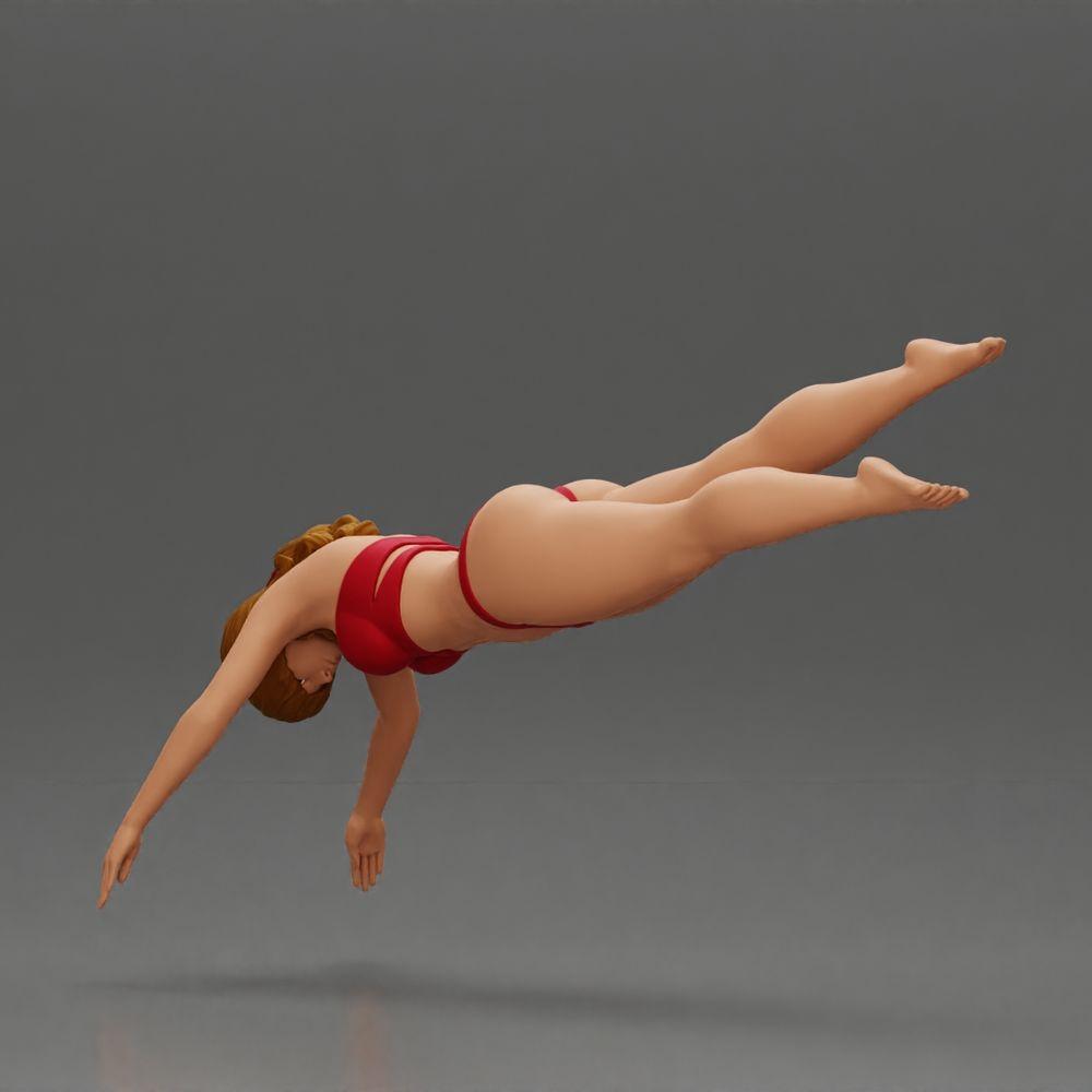 Diorama modelbouw productfoto 3: Diorama-miniatuur: Vrouw in rode bikini, elegante duik-/sprongpose (Ref Nr. A137)