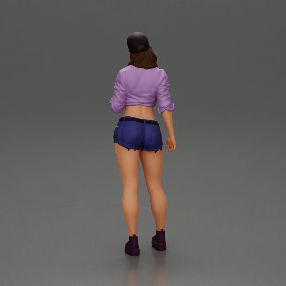 Diorama modelbouw productfoto 3: Diorama-miniatuur: Vrouwelijke figuur in muts, geknoopt shirt & shorts, wachtend (Ref Nr. A104)