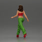 Diorama modelbouw productfoto 3: Diorama figuur: Miniatuur-figuur vrouw in looppose, groen-rood, kort topje, wijde broek, pumps (Ref Nr. A141)