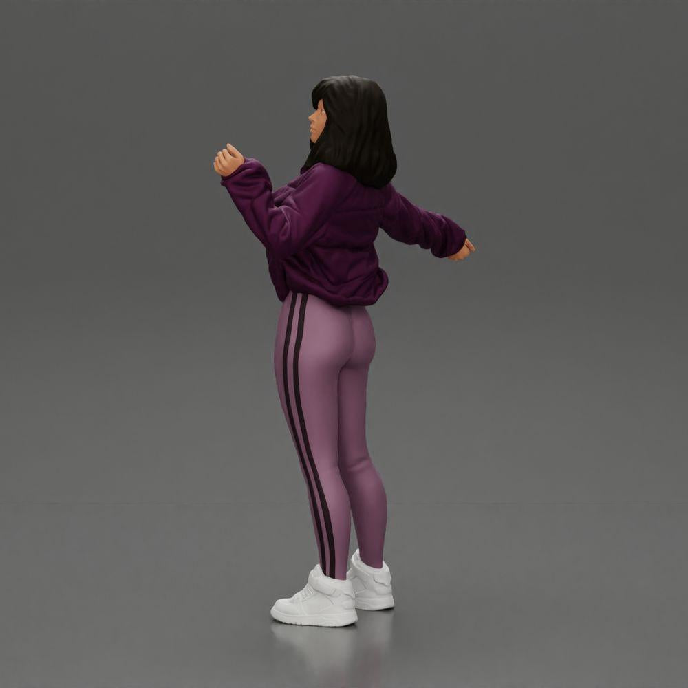 Diorama modelbouw productfoto 4: Diorama-miniatuur: Vrouw in open jas, crop top en strakke broek (Ref Nr. A114)