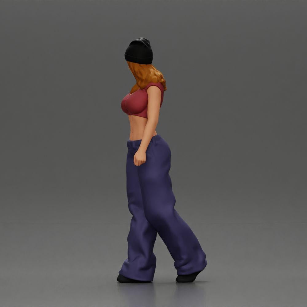 Diorama modelbouw productfoto 4: Miniatuurfiguur: Hip-Hop Lowrider vrouw met pet, korte top & baggy broek (Ref Nr. A103)