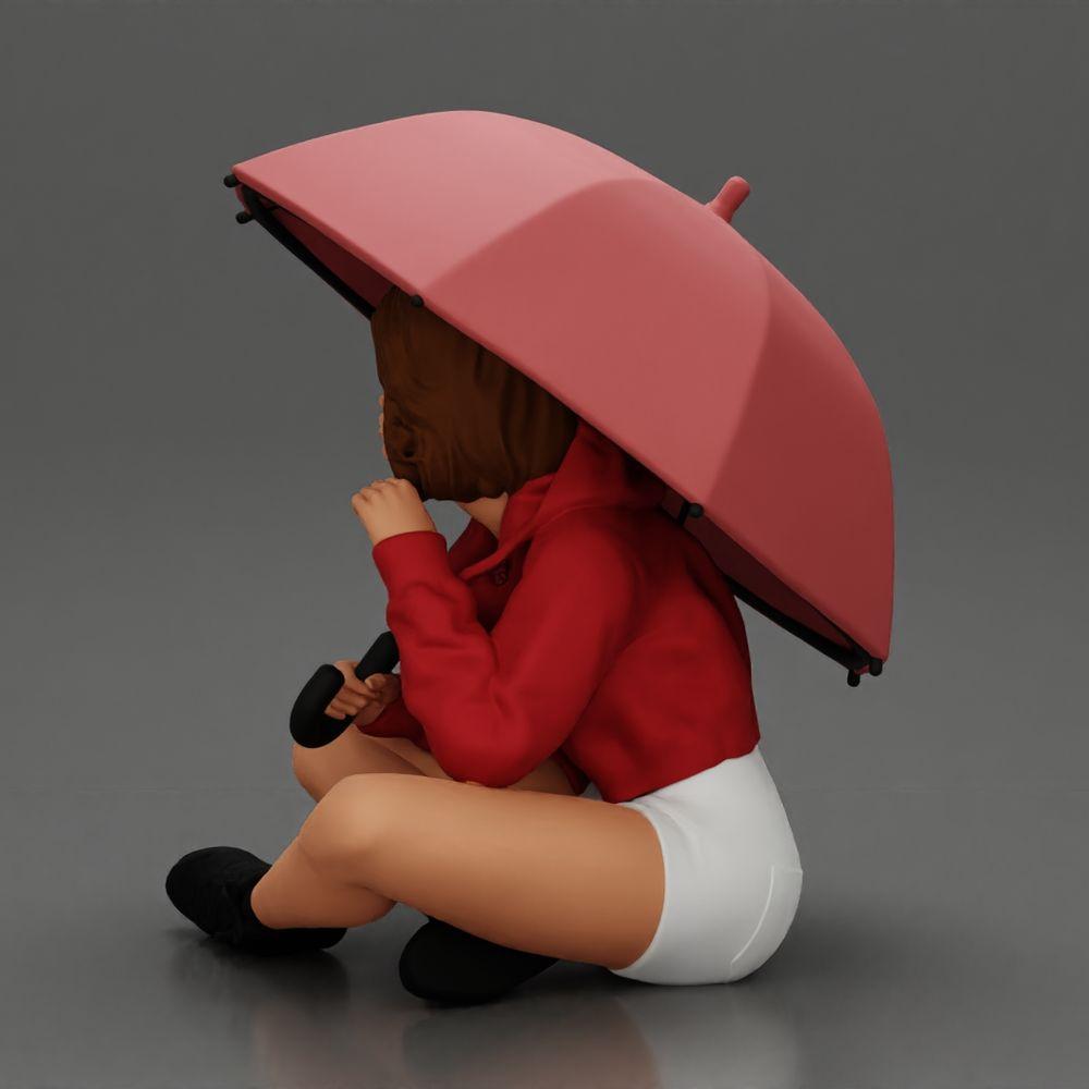 Diorama modelbouw productfoto 4: Diorama-miniatuur: Zittende vrouw in jack en shorts met open paraplu (Ref Nr. A85)