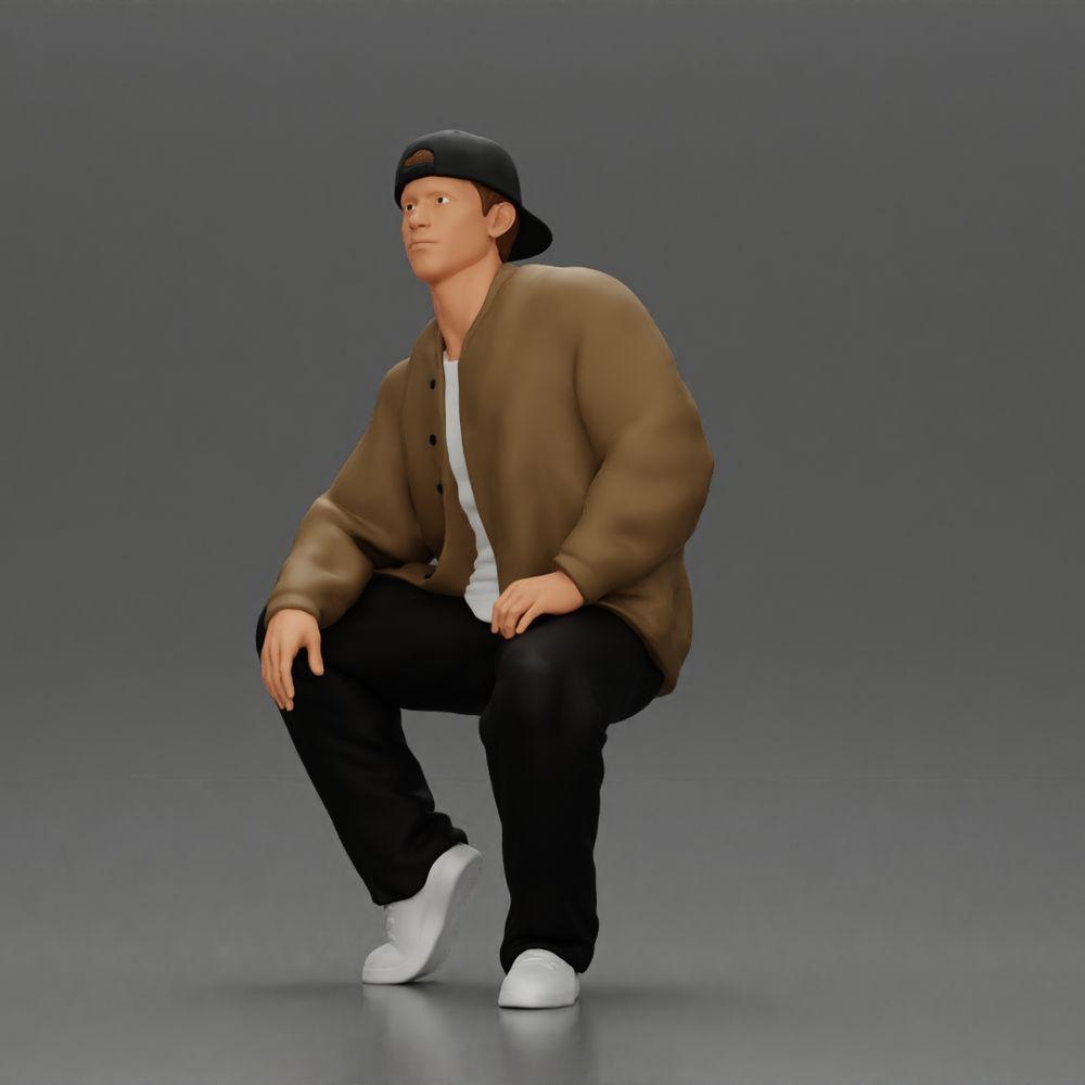 Diorama modelbouw productfoto 5: Diorama-figuur: Zittende hiphopman met jas, pet en sneakers (Ref Nr. A62)