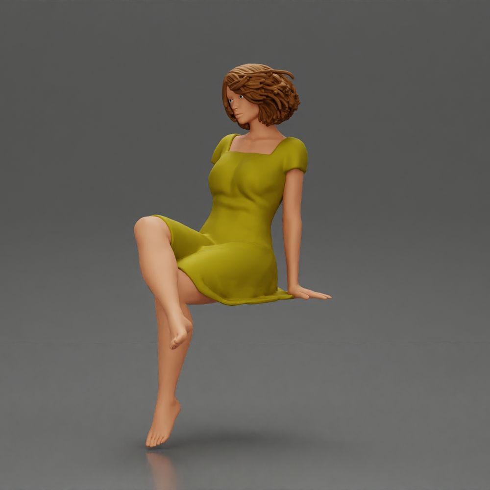 Diorama modelbouw productfoto 5: Diorama miniatuurfiguur: Zittende vrouw in jurk, blootsvoets, kort haar in de wind (Ref Nr. A95)