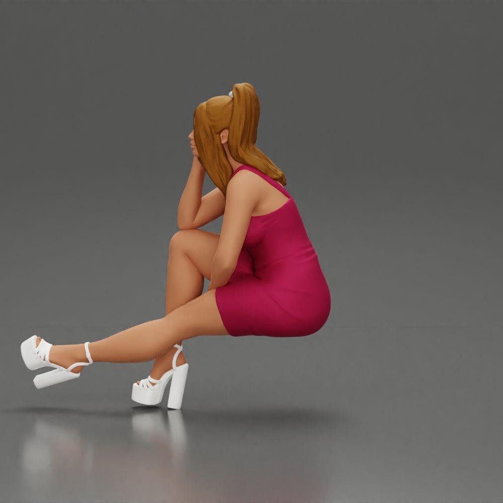 Diorama modelbouw productfoto 5: Diorama figuur: Diorama-miniatuur zittende vrouw in roze jurk, hand aan wang, plateauschoenen (Ref Nr. A131)