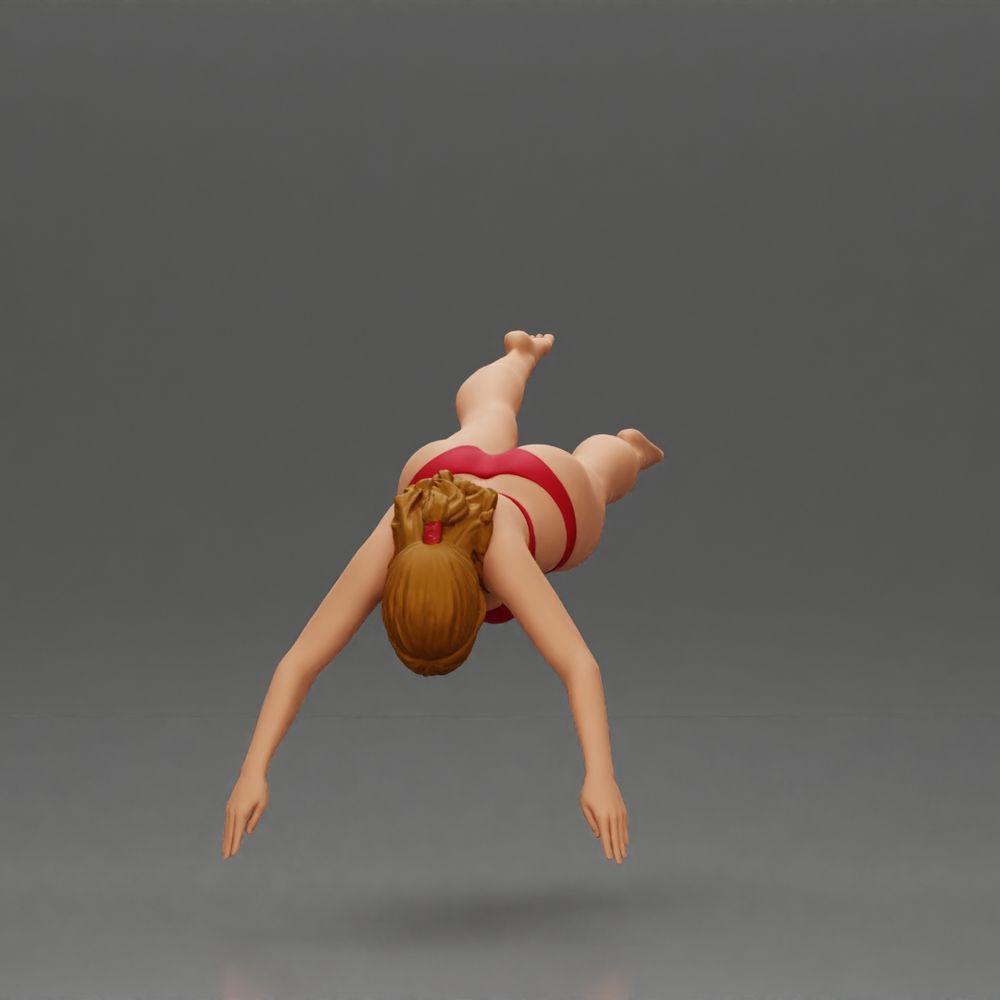 Diorama modelbouw productfoto 5: Diorama-miniatuur: Vrouw in rode bikini, elegante duik-/spronghouding (Ref Nr. A137)