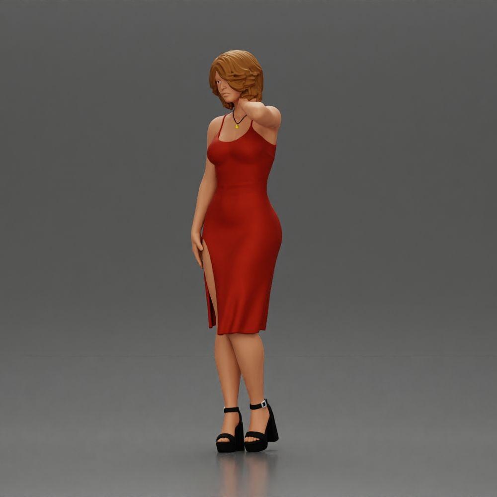 Diorama modelbouw productfoto 5: Vrouwelijke diorama-figuur in mini-jurk, kort haar, hand om de hals, ketting (Ref Nr. A99)