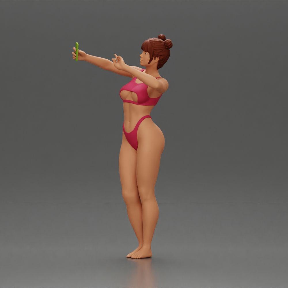 Diorama modelbouw productfoto 5: Diorama-miniatuur: Vrouw in bikini maakt selfie op het strand, staande figuur (Ref Nr. A69)