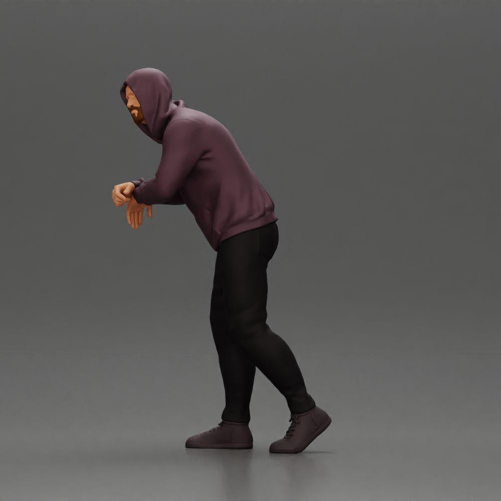 Diorama modelbouw productfoto 5: Diorama-figuur: Man met kap, handen op de auto, licht naar voren gebogen (Ref Nr. A115)