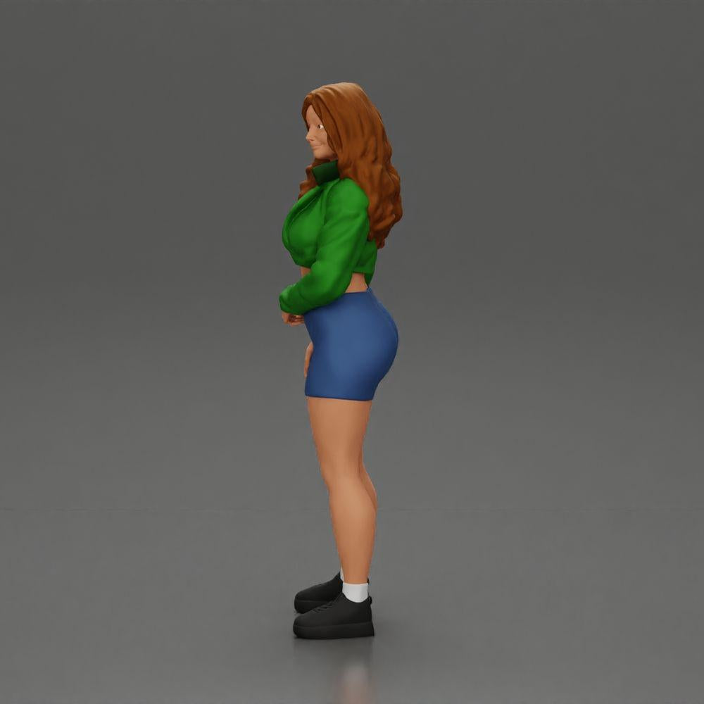 Diorama modelbouw productfoto 5: Miniatuurfiguur: Sportief meisje staand met kort jasje, shorts en sneakers (Ref Nr. A74)
