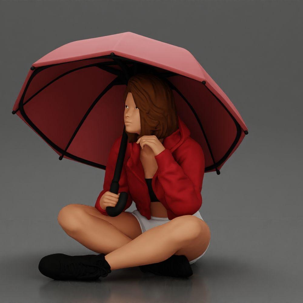 Diorama modelbouw productfoto 5: Diorama-miniatuur: Zittende vrouw in jas en shorts met open paraplu (Ref Nr. A85)