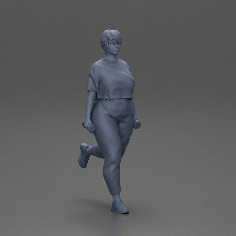 Diorama modelbouw productfoto 6: Dioramafiguur: sterke vrouw in fitnessoutfit, eenbenige oefening met dumbbells (Ref Nr. A105)