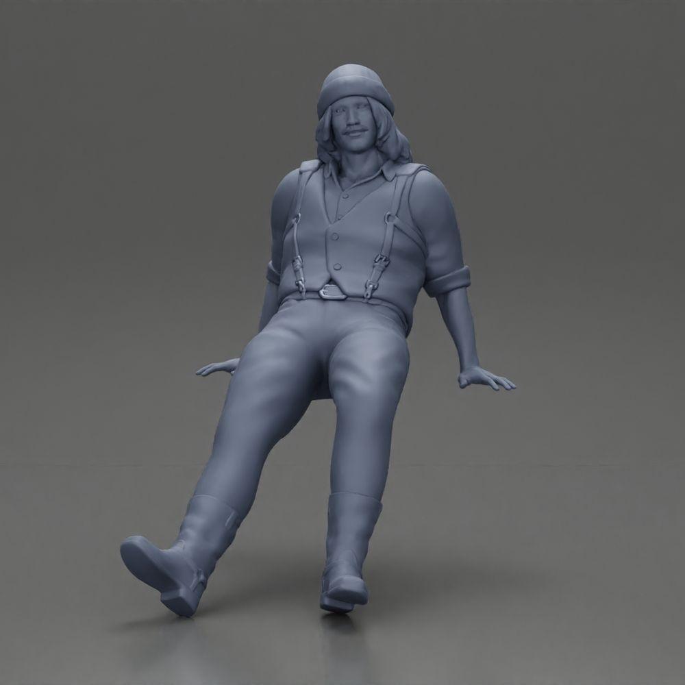 Diorama modelbouw productfoto 6: Zittende miniatuurfiguur, man in historische kleding met pet en bretels (Ref Nr. A84)