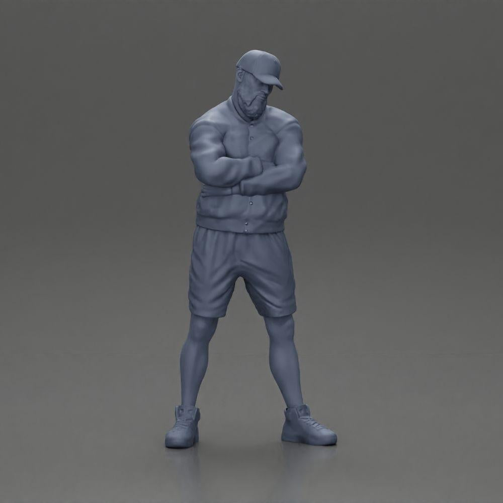 Diorama modelbouw productfoto 6: Figuur: Man met gekruiste armen, pet, jas, shorts, sportschoenen (Ref Nr. A125)