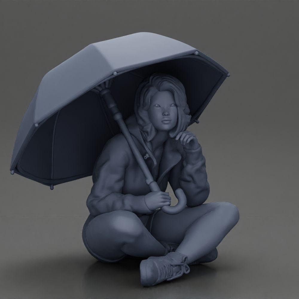 Diorama modelbouw productfoto 6: Diorama-miniatuur: Zittende vrouw in jas en shorts met open paraplu (Ref Nr. A85)