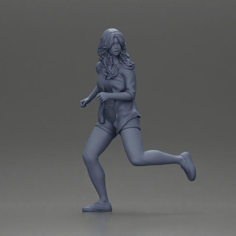 Diorama modelbouw productfoto 6: Diorama-figuur: Hardloopende jonge vrouw met open shirt en shorts, vastberaden (Ref Nr. A102)