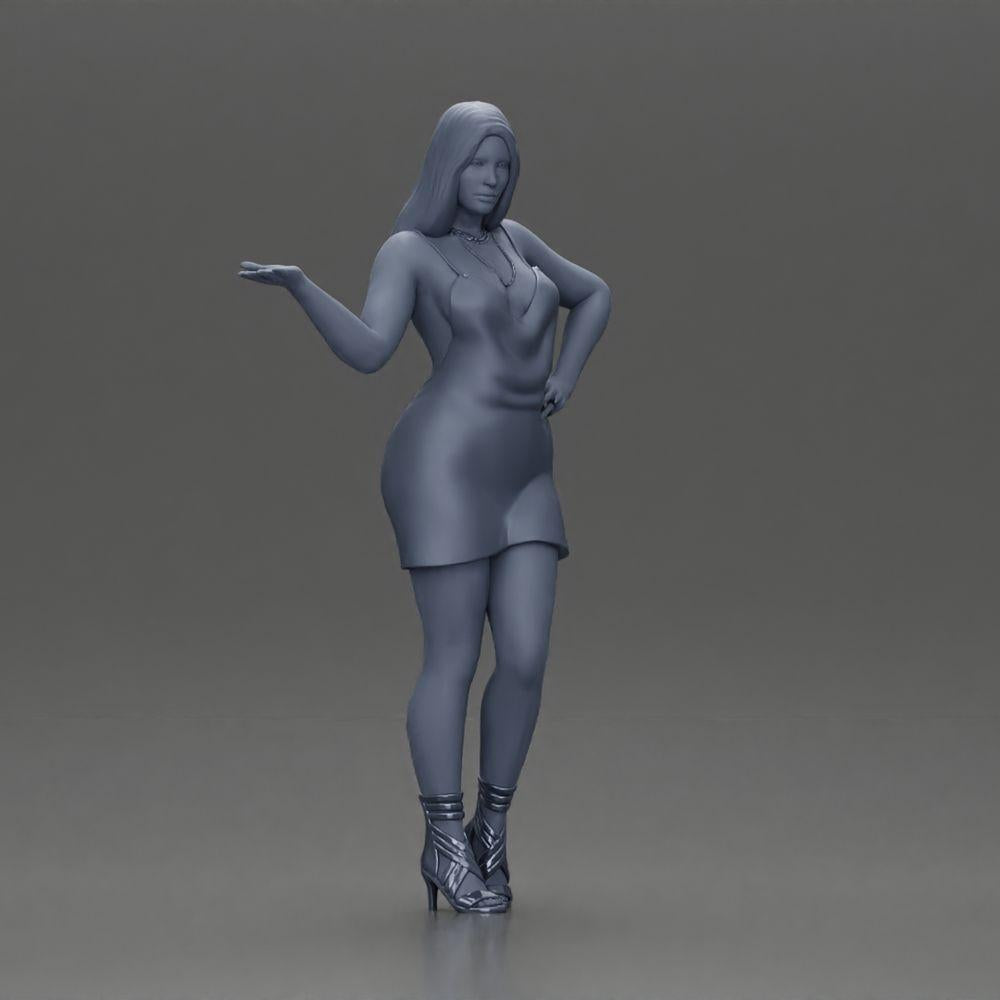 Diorama modelbouw productfoto 7: Dioramafiguur: elegante vrouw in minikleed, uitgestrekte hand, halsketting (Ref Nr. A118)