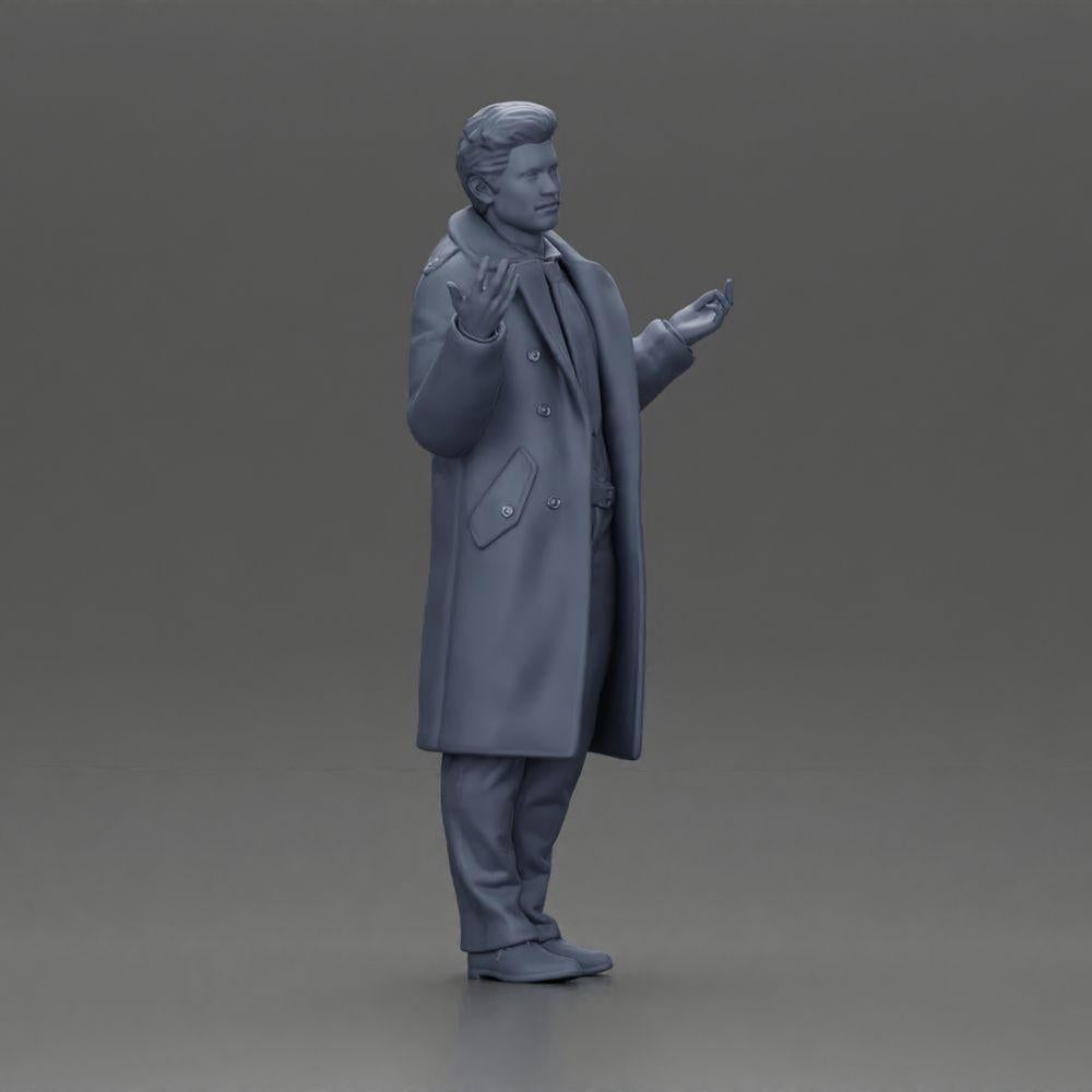 Diorama modelbouw productfoto 7: Diorama-miniatuurfiguur: politie-detective in een mantel, staand met open handen (Ref Nr. A63)