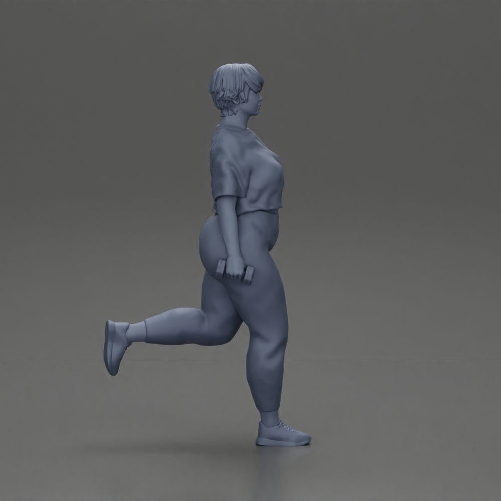 Diorama modelbouw productfoto 7: Dioramafiguur: sterke vrouw in fitnessoutfit, eenbenige oefening met dumbbells (Ref Nr. A105)