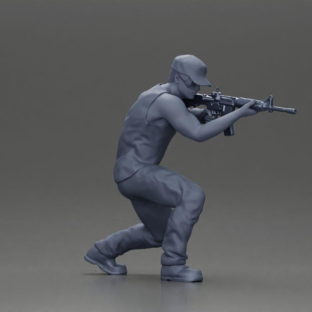 Diorama modelbouw productfoto 8: Diorama figuur: Knielende miniatuurfiguur met geweer - defensieve tactiek-houding voor diorama (Ref Nr. A140)