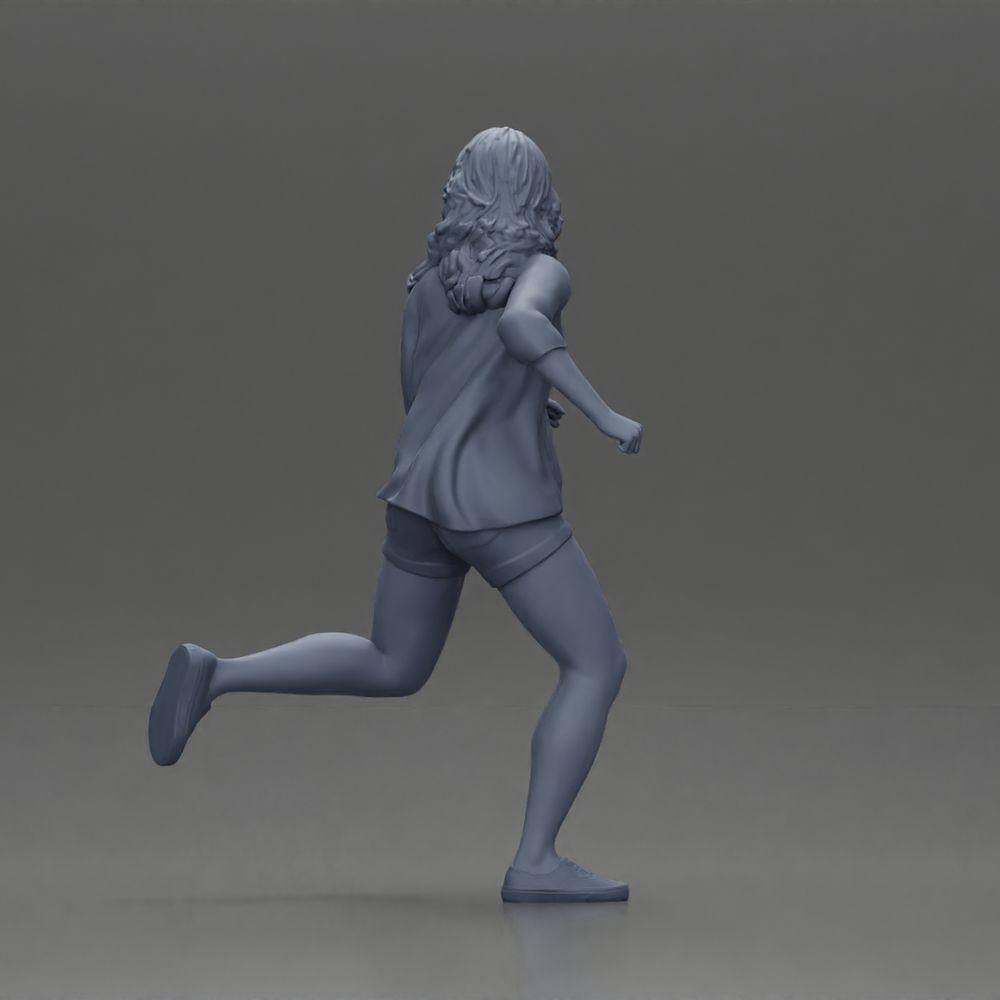 Diorama modelbouw productfoto 9: Diorama-figuur: Hardloopende jonge vrouw met open shirt en shorts, vastberaden (Ref Nr. A102)