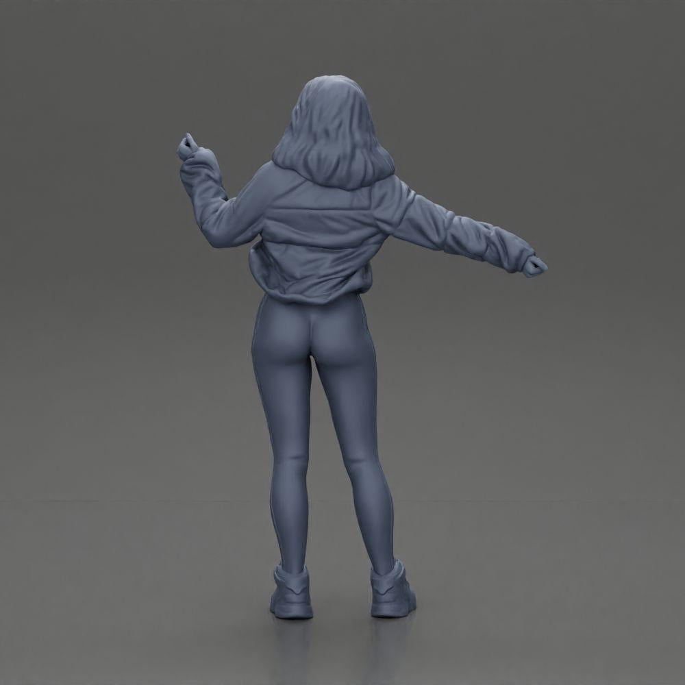 Diorama modelbouw productfoto 9: Diorama-miniatuur: Vrouw in open jas, crop top en strakke broek (Ref Nr. A114)