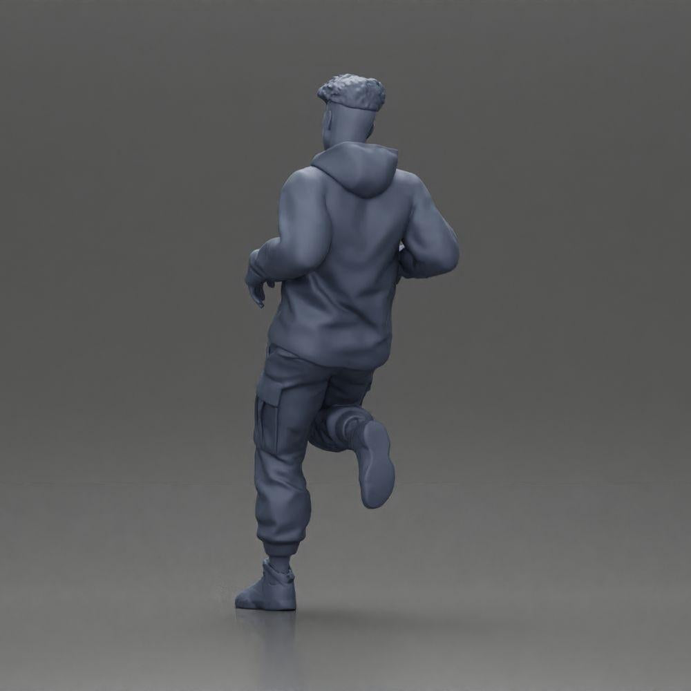 Diorama modelbouw productfoto 9: Miniatuurfiguur: Man met capuchontrui en cargobroek, casual leunhouding (Ref Nr. A142)