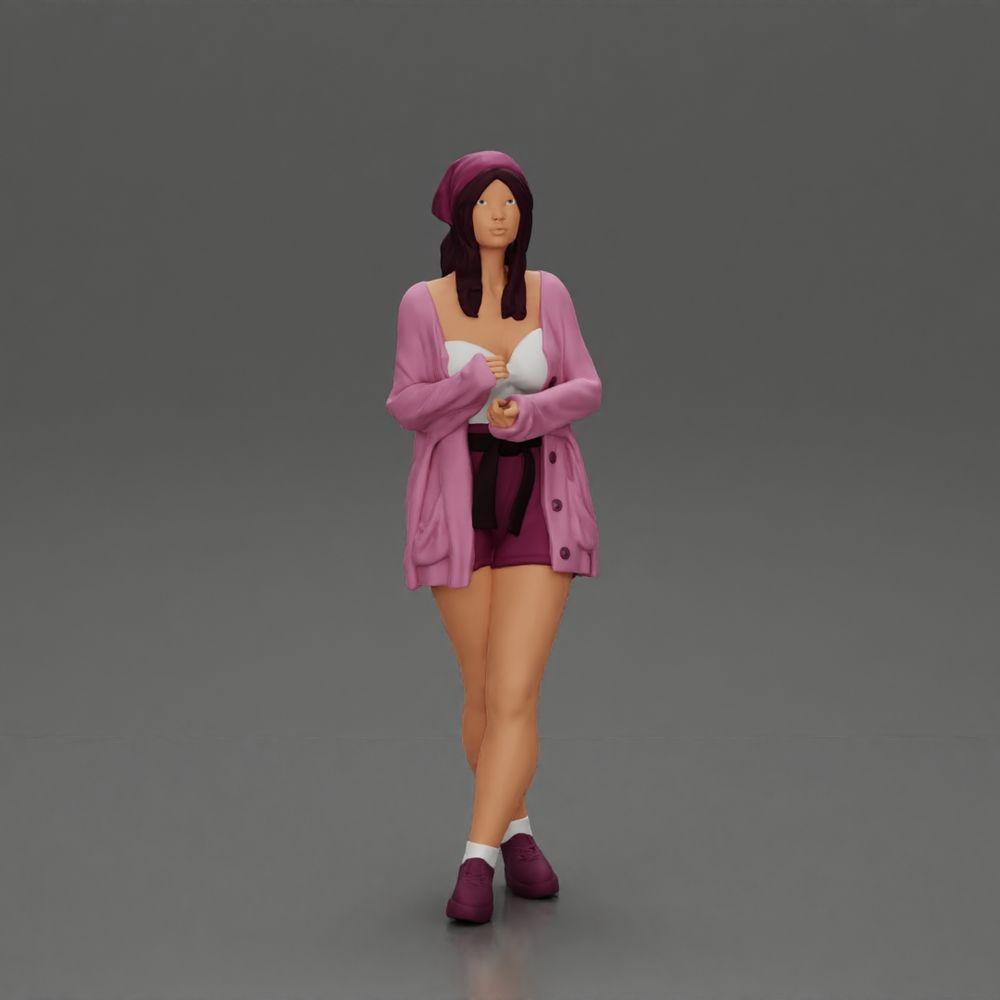 Diorama modelbouw productfoto 12: Vrouwelijke diorama-figuur in open vest en korte broek met paraplu (Ref Nr. A92)