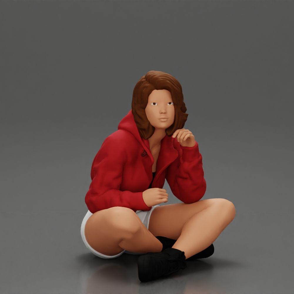 Diorama modelbouw productfoto 12: Diorama-miniatuur: Zittende vrouw in jas en shorts met open paraplu (Ref Nr. A85)