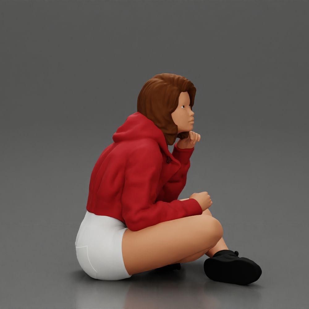 Diorama modelbouw productfoto 13: Diorama-miniatuur: Zittende vrouw in jas en shorts met open paraplu (Ref Nr. A85)
