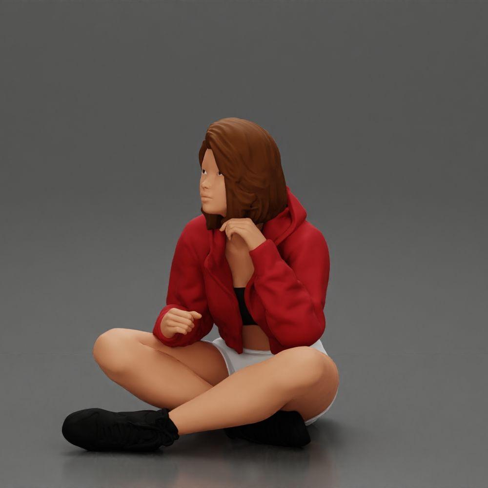 Diorama modelbouw productfoto 17: Diorama-miniatuur: Zittende vrouw in jas en shorts met open paraplu (Ref Nr. A85)