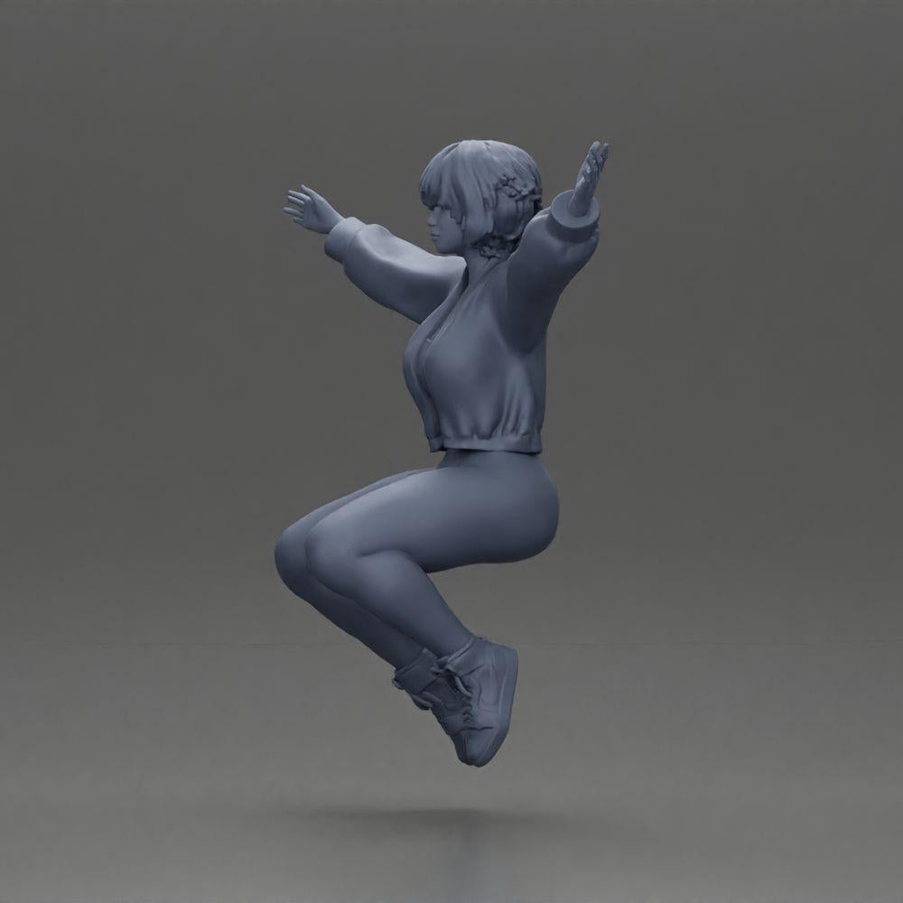 Diorama modelbouw productfoto 11: Miniatuurfiguur - Zittend meisje met uitgestrekte armen, sportkleding (Ref Nr. A80)