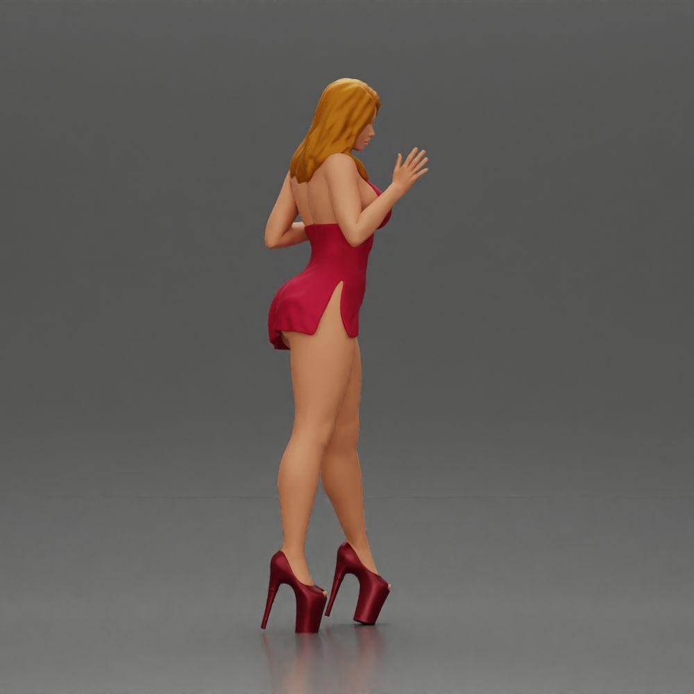 Diorama modelbouw productfoto 1: Diorama-vrouwenfiguur: Elegante staande vrouw in een rode jurk met plateau schoenen (Ref Nr. A134)