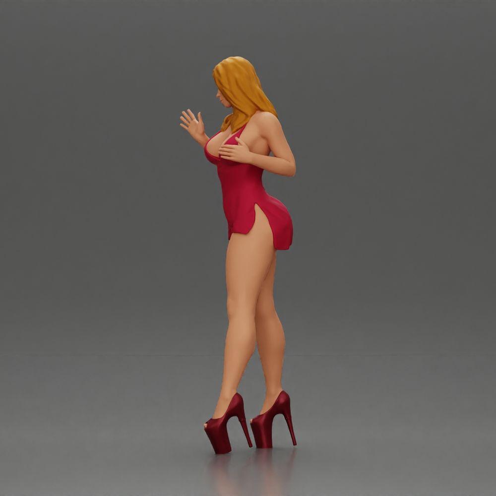 Diorama modelbouw productfoto 4: Diorama-vrouwenfiguur: Elegante staande vrouw in een rode jurk met plateau schoenen (Ref Nr. A134)