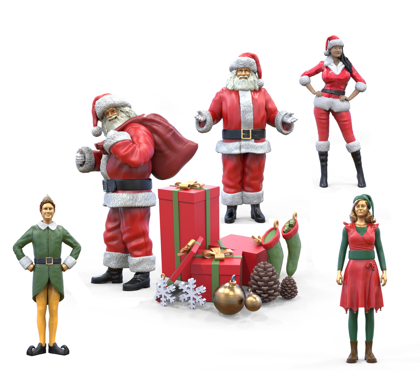 Produktfoto  0: Weihnachts- Set, 5 Figuren und 12 Geschenke, Santa Claus und Helfer Wichtel: Thema Weihnachten