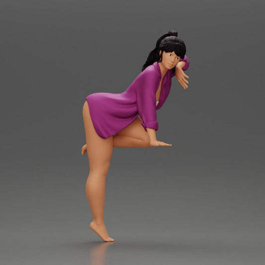 Diorama modelbouw productfoto 0: Diorama-miniatuur: Vrouwelijke figuur in lange blouse en bikini, leunend op tafel (Ref Nr. A52)