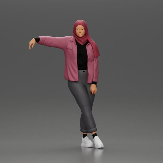 Diorama modelbouw productfoto 0: Diorama-figuur vrouw met hoofddoek en jas, leunend tegen de auto, arm uitgestrekt (Ref Nr. A59)