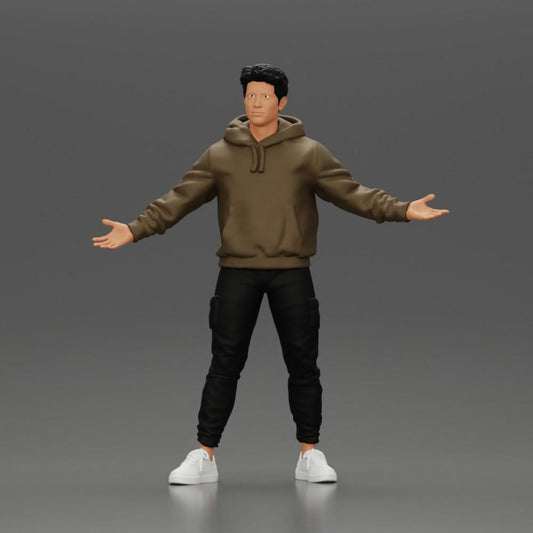 Diorama modelbouw productfoto 0: Miniatuurfiguur Aziatische man in hoodie, armen zijwaarts geheven (Ref Nr. A60)