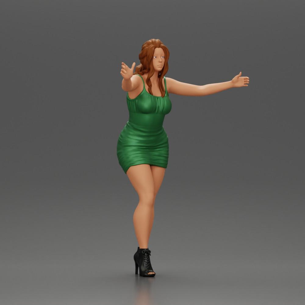 Diorama modelbouw productfoto 1: Diorama-figuur: Vrouw in knielang jurkje met hakken, uitgestrekte armen (Ref Nr. A58)