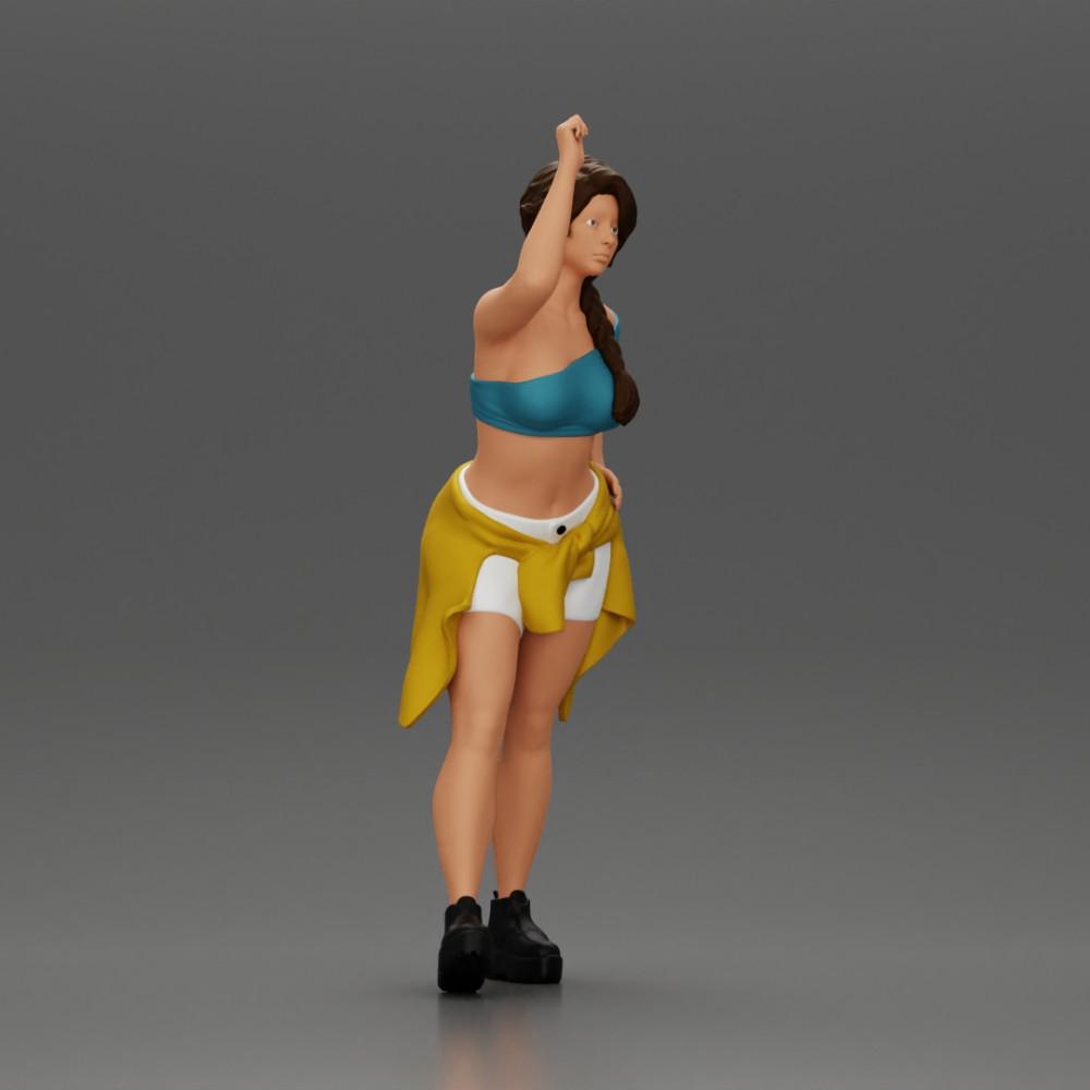 Diorama modelbouw productfoto 1: Miniatuurfiguur: Meisje in top & shorts, shirt om heup gebonden, arm omhoog (Ref Nr. A56)