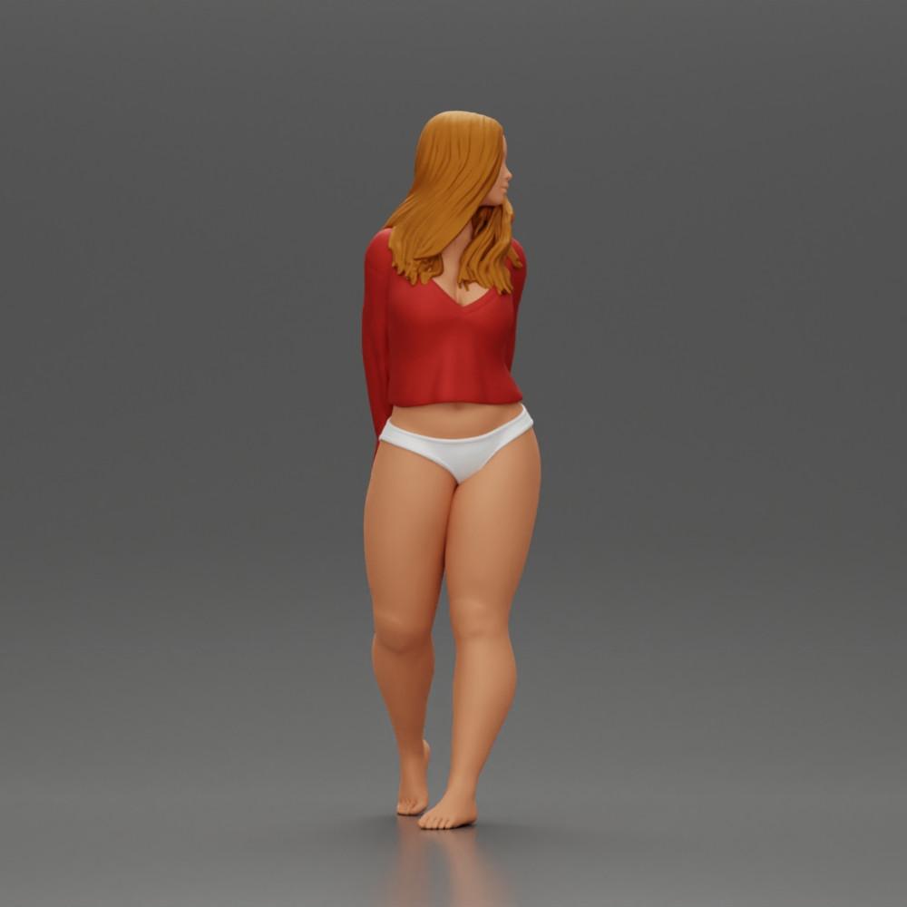 Diorama modelbouw productfoto 2: Vrouwelijke miniatuurfiguur voor diorama, bikini & lange mouwen shirt, handen achter (Ref Nr. A53)