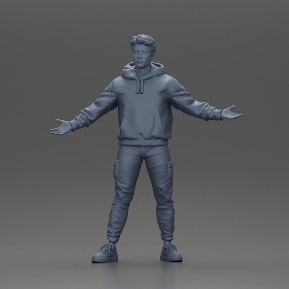 Diorama modelbouw productfoto 6: Miniatuurfiguur Aziatische man in hoodie, armen zijwaarts geheven (Ref Nr. A60)