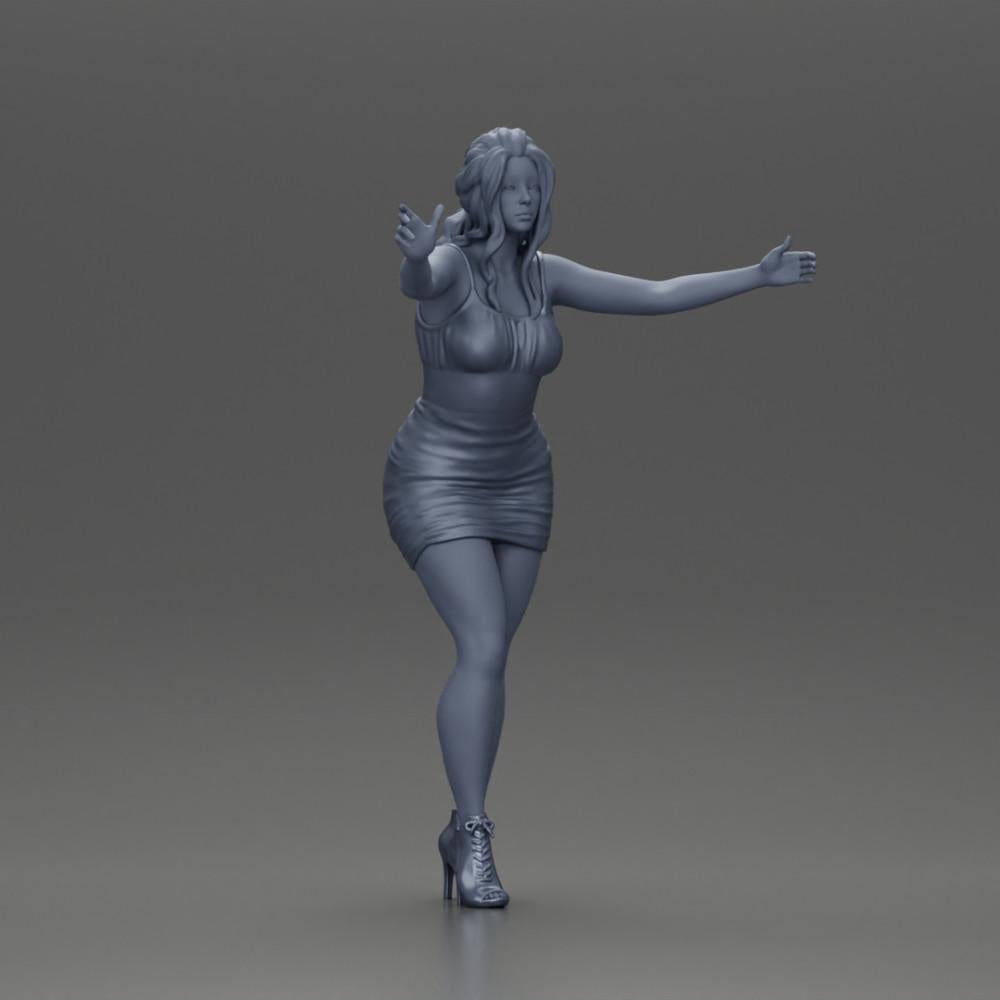 Diorama modelbouw productfoto 7: Diorama-figuur: Vrouw in knielang jurk met hakken, uitgestrekte armen (Ref Nr. A58)