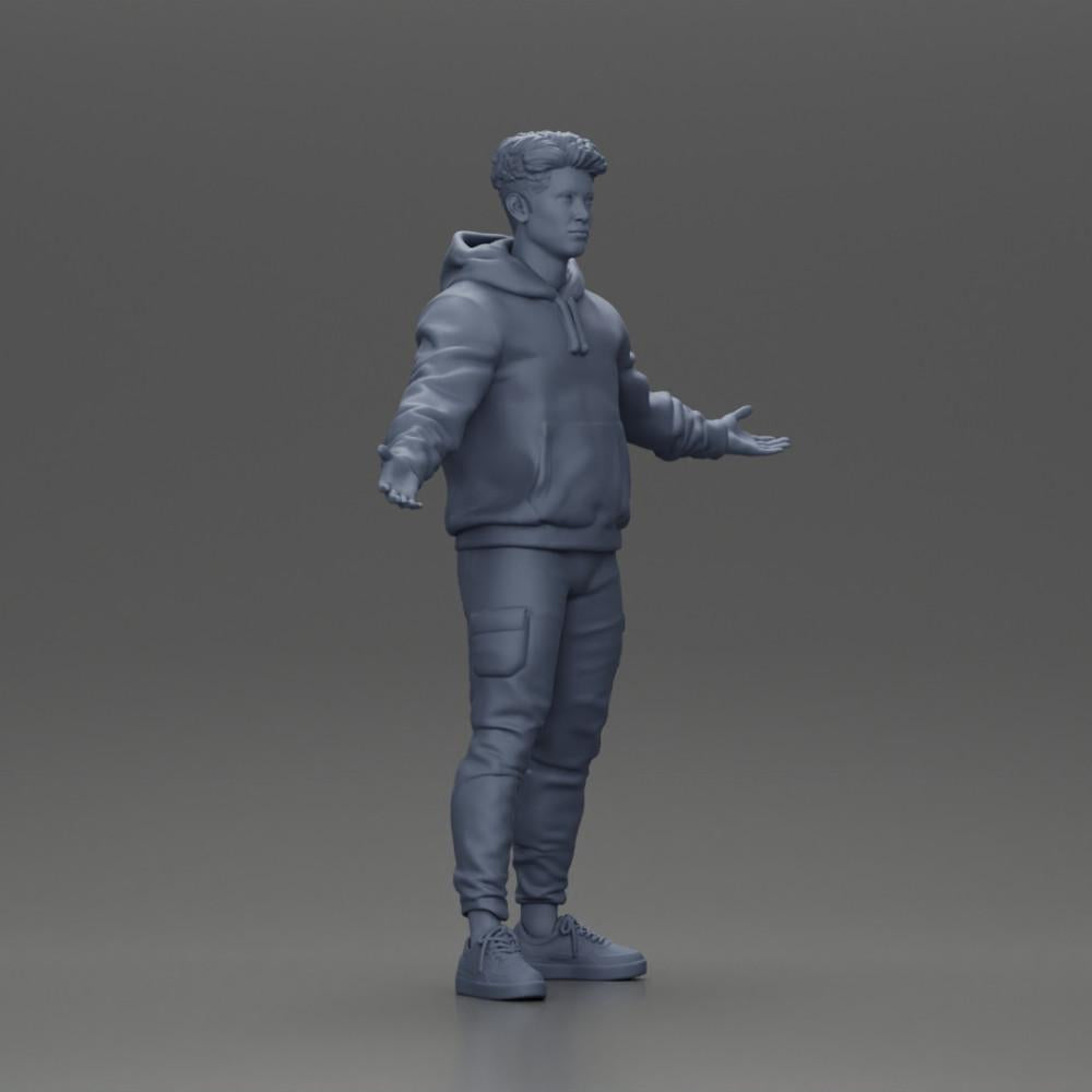 Diorama modelbouw productfoto 7: Miniatuurfiguur Aziatische man in hoodie, armen zijwaarts geheven (Ref Nr. A60)