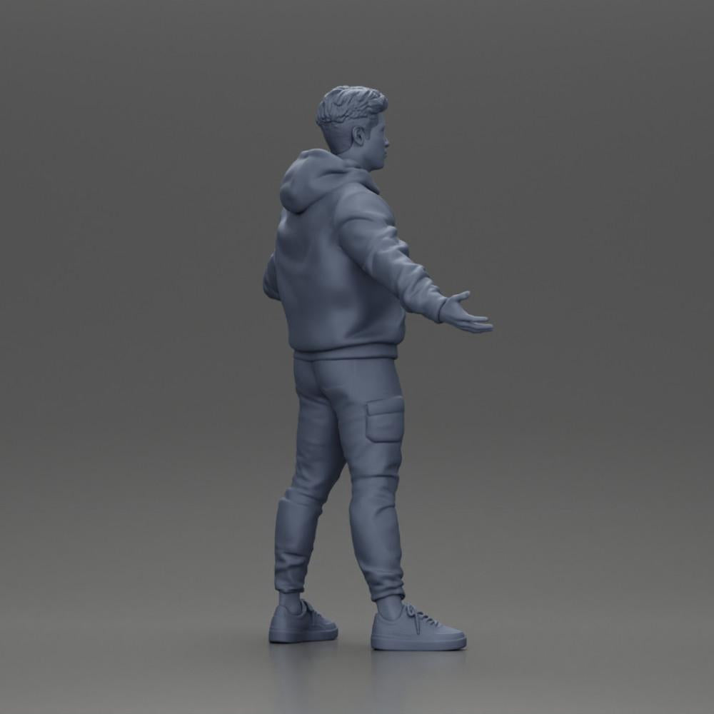 Diorama modelbouw productfoto 8: Miniatuurfiguur Aziatische man in hoodie, armen zijwaarts geheven (Ref Nr. A60)