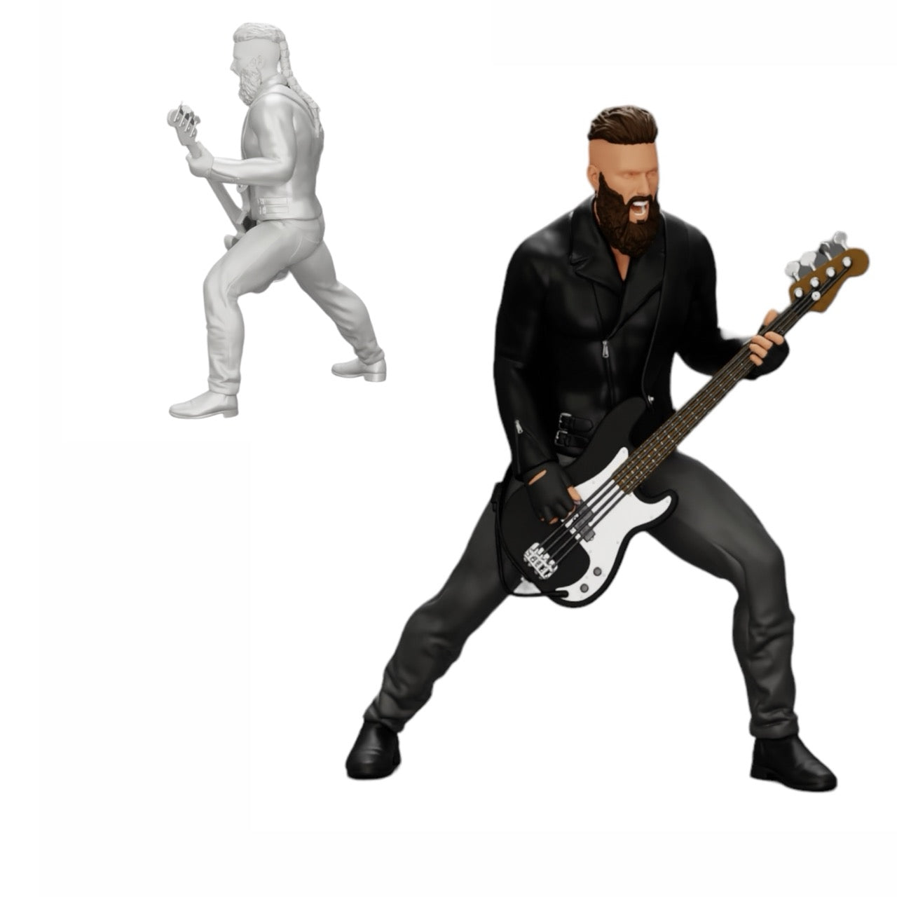 Diorama modelbouw productfoto 0: Rockstar speelt basgitaar in leren jas met lange haren en baard (Ref Nr. A12)