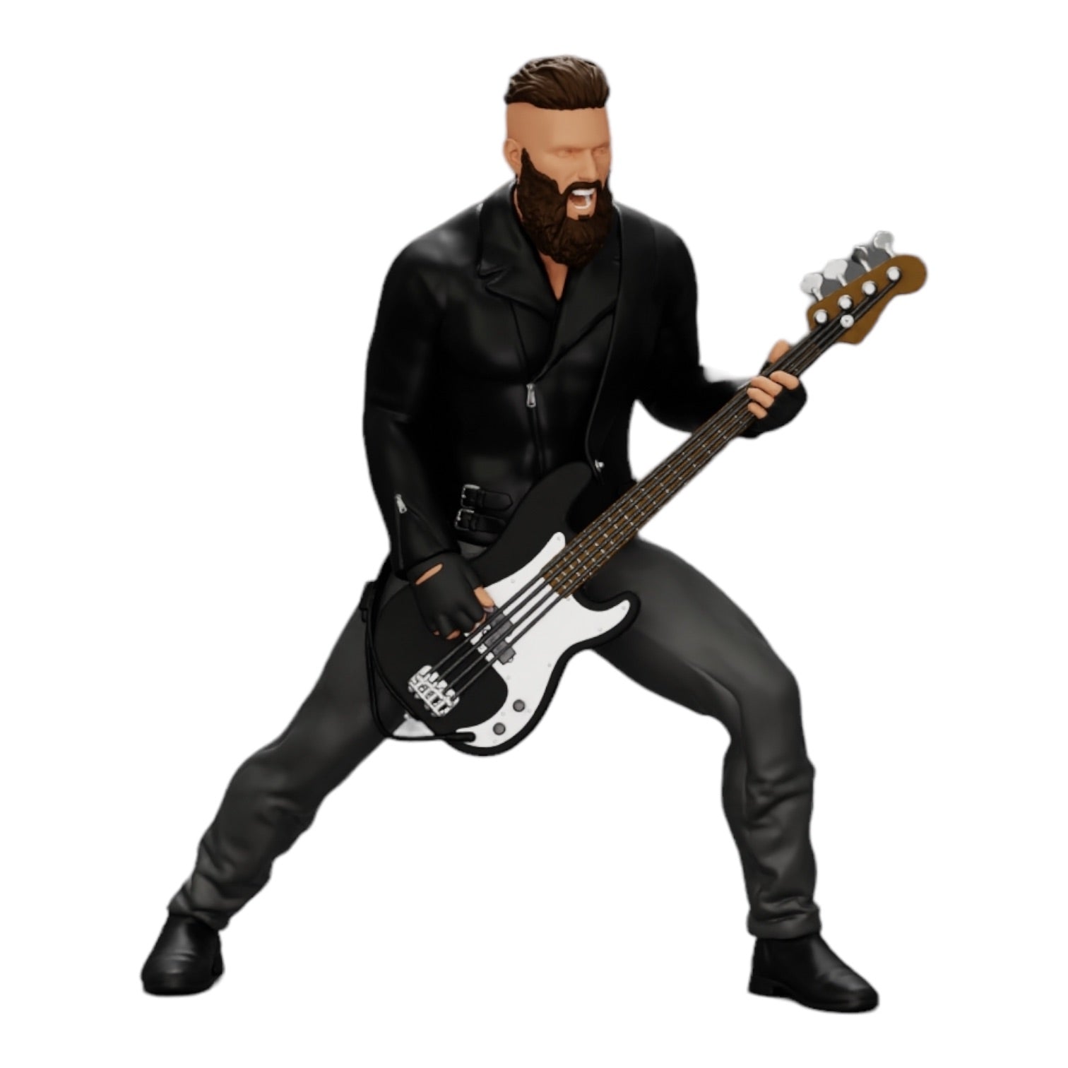 Diorama modelbouw productfoto 0: Rockstar speelt basgitaar in leren jas met lange haren en baard (Ref Nr. A12)