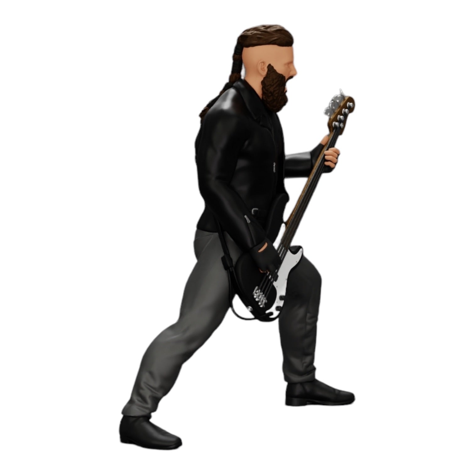 Diorama modelbouw productfoto 0: Rockstar speelt basgitaar in leren jas met lange haren en baard (Ref Nr. A12)