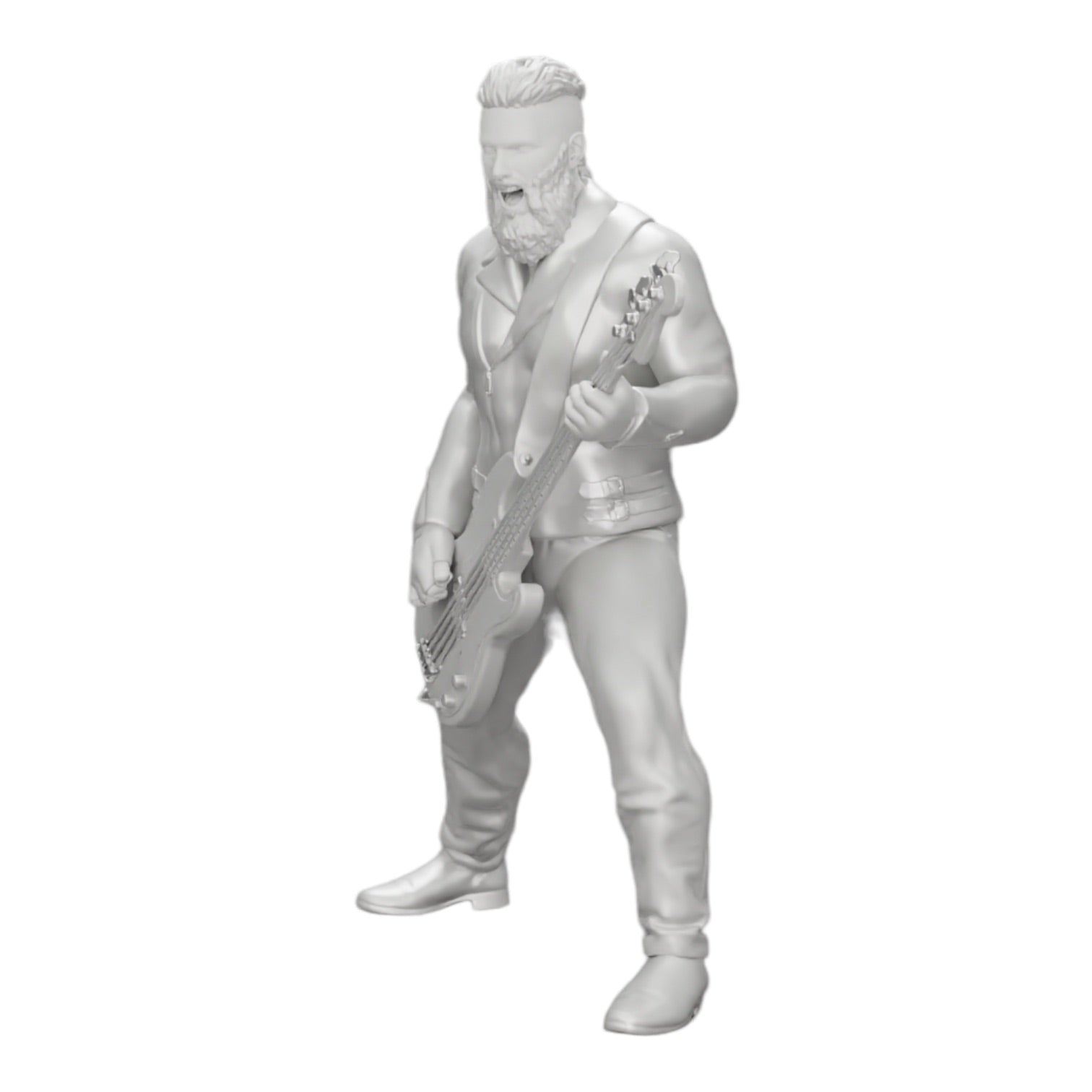Diorama modelbouw productfoto 0: Rockstar speelt basgitaar in leren jas met lange haren en baard (Ref Nr. A12)
