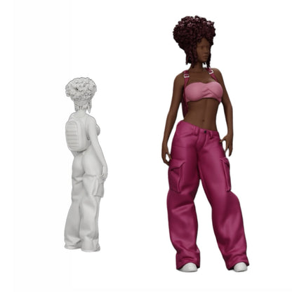 Diorama modelbouw productfoto 0: Vrouw in Hip-Hop stijl met BH en mini-rugzak met krullend haar (Ref Nr. A15)
